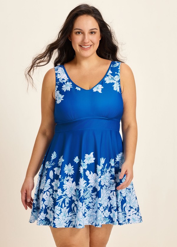 Blue Floral Modest Padded Cross Back Curvy Women's Swimsuit Two Piece Swimdress Set