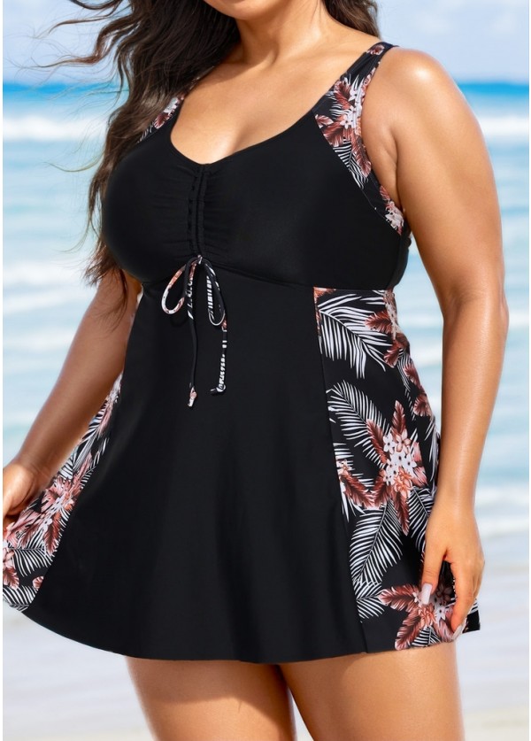 Stylish Tropical Print Patchwork Tie Front Swim Dress Set
