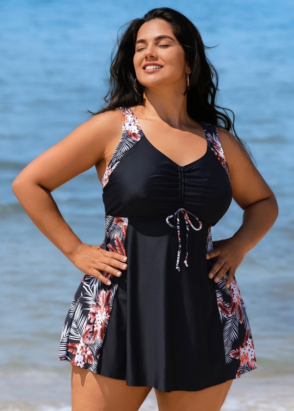 Stylish Tropical Print Patchwork Tie Front Swim Dress Set