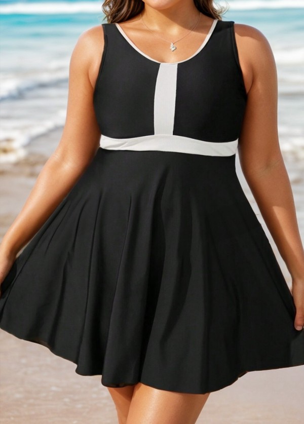 Black And White Color Block Round Neck Casual One Piece Swimdress