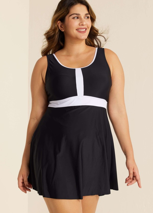 Black And White Color Block Round Neck Casual One Piece Swimdress