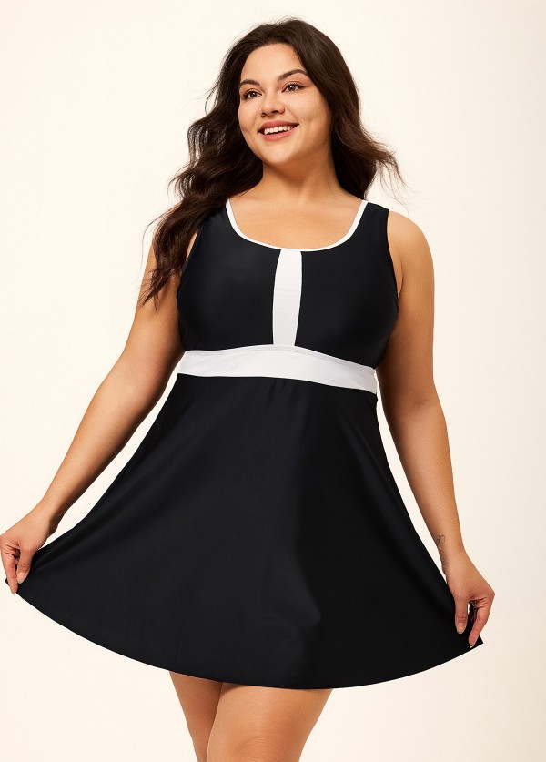 Black And White Color Block Round Neck Casual One Piece Swimdress
