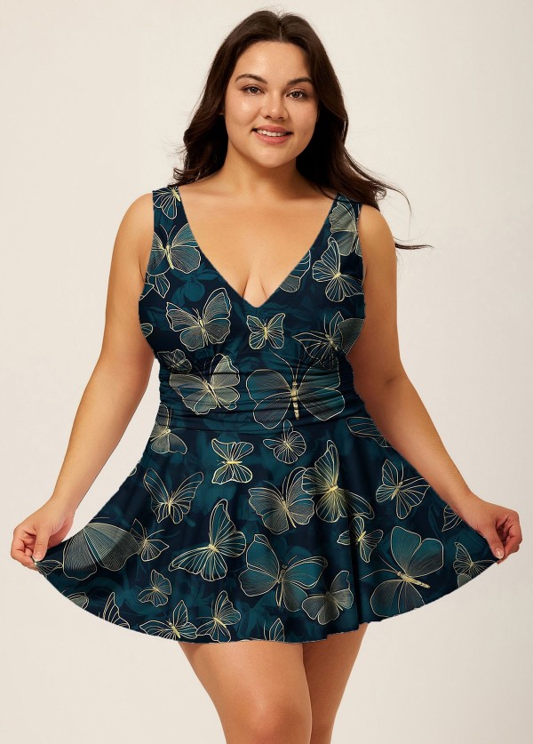 Green Gold Butterfly V Neck Modest One Piece Swimdress