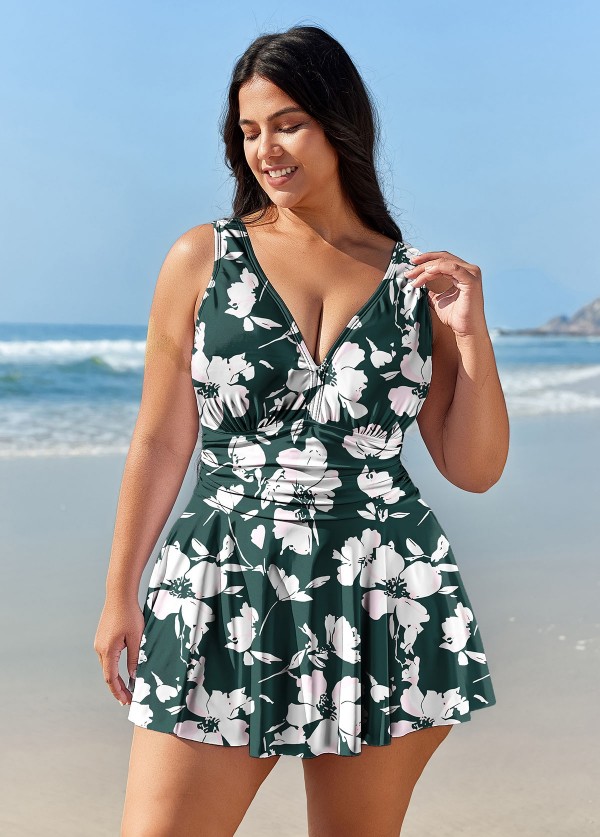 Green Floral Tummy Control Plus Size Swimsuit Swimwear One Piece Swimdress