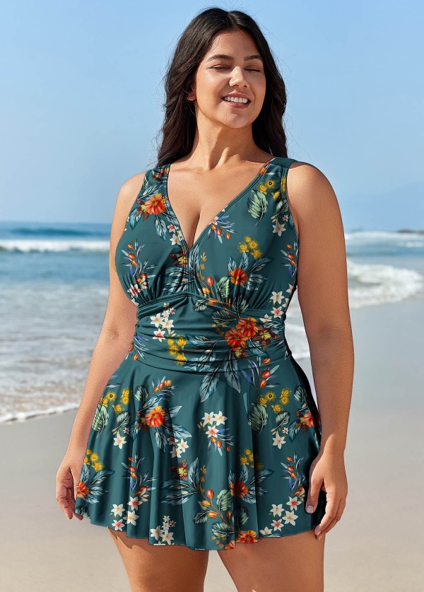 Plus Size Green Floral Tummy Control Swimsuits One Piece Swimdress