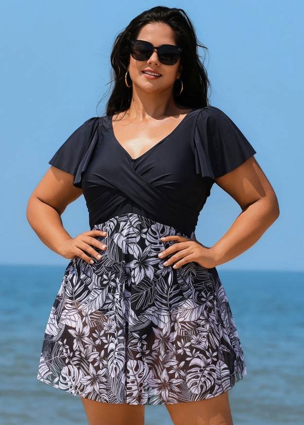 Black And White Print Short Sleeve Cross Front Ruffle One Piece Swimdress