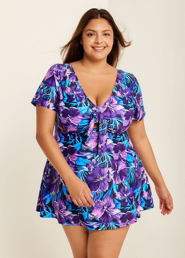 Curvy Purple Floral Short Sleeve Bathing Suits Swimdress Set