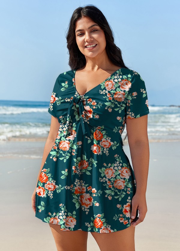 Plus Size Green Floral Short Sleeve Ladies Bathing Suits Swimdress Set