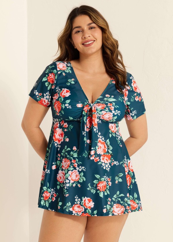 Plus Size Green Floral Short Sleeve Ladies Bathing Suits Swimdress Set