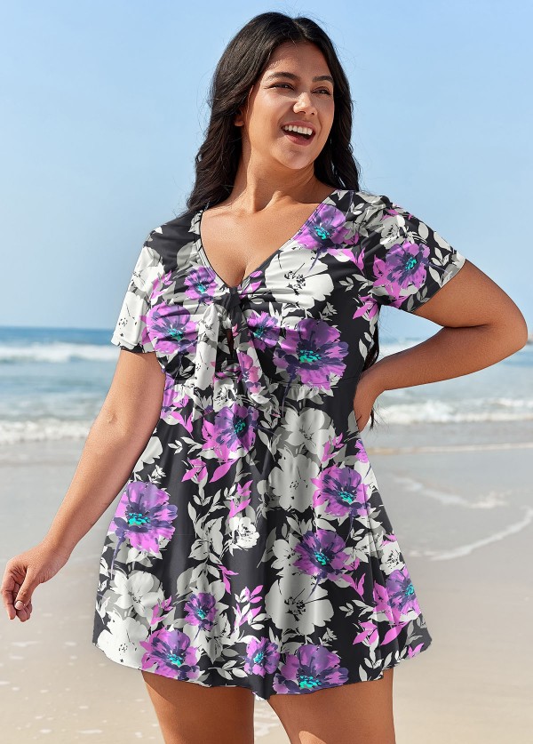Purple Floral Short Sleeve Curvy Swimwear Bathing Suits Swimdress Set