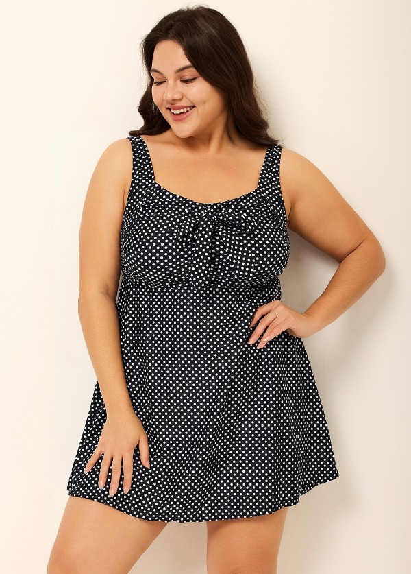Women's Black Polka Dot Tie Front Modest One Piece Swimdress
