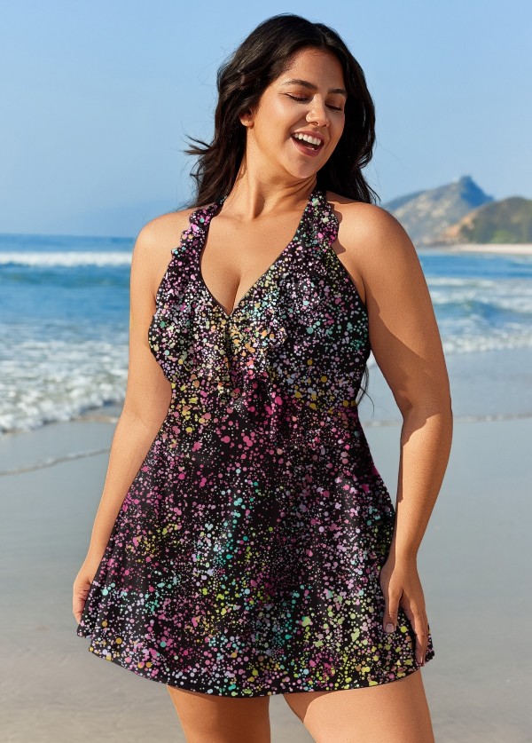 Curvy Black Dot Print Vintage Swimwear Bathing Suits Swimdress Top