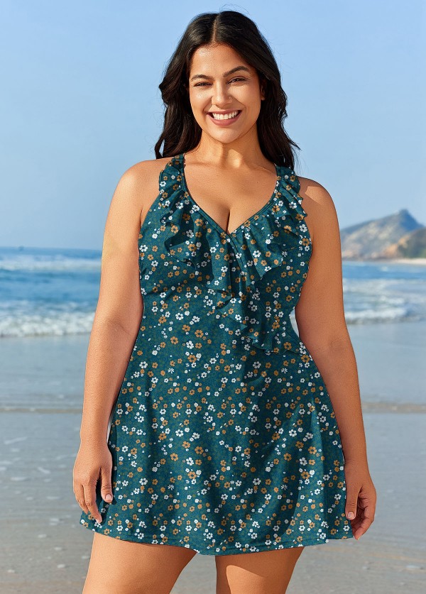Curvy Green Floral Vintage Swimsuit And Swimwear Swimdress Top
