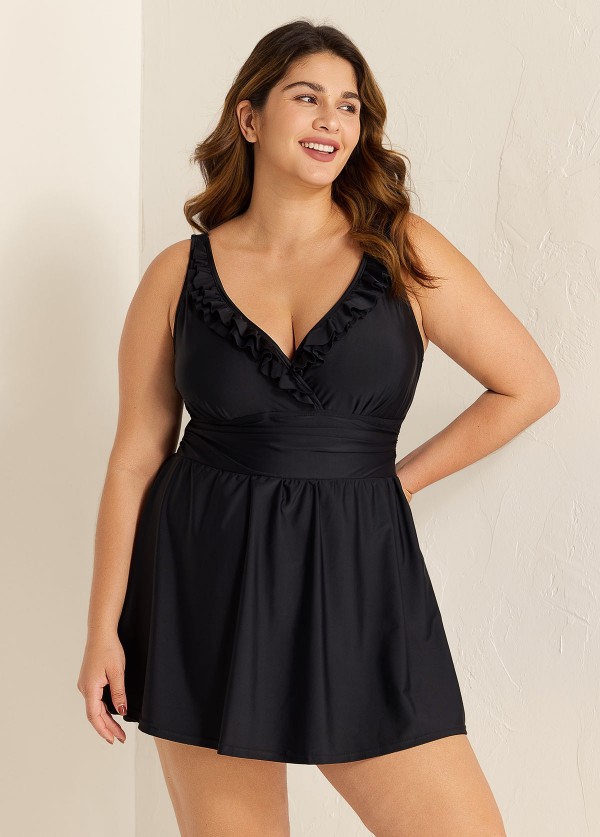 Black Plus Size Solid Color V Neck Ruffle One Piece Swimdress