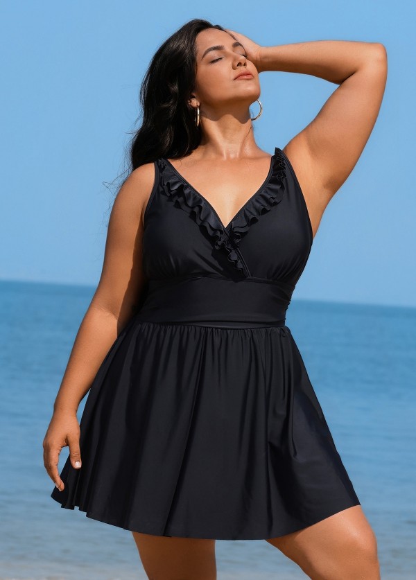 Black Plus Size Solid Color V Neck Ruffle One Piece Swimdress