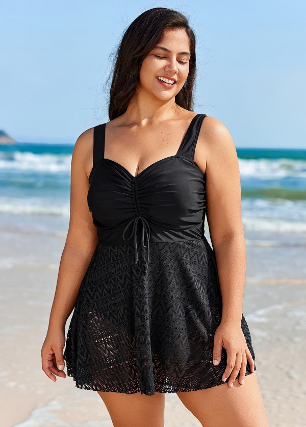 Black V Neck Tie Front Crochet One Piece Swimdress