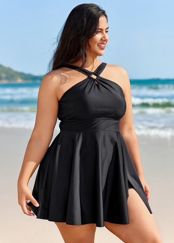 Black Hollow Side Slit Fashion One Piece Swimdress