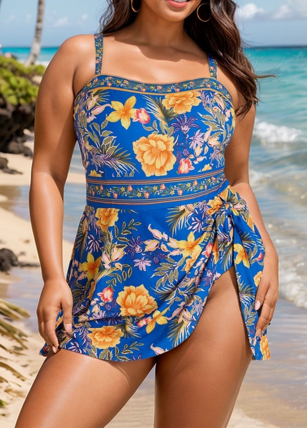 Curvy Blue Floral Side Tie Swimsuit One Piece Swimdress