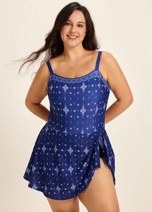 Navy Geometric Print Flattering Side Knot Side Slit Plus Size Swimsuit One Piece Swimdress