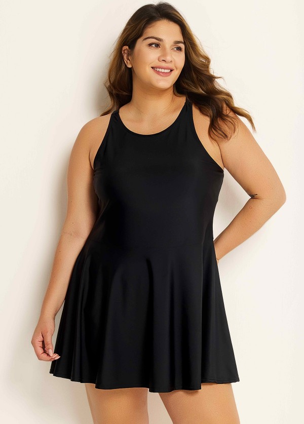 Black High Neck Curvy Swim Dress Swimsuit Two Pieces Swimdress Top