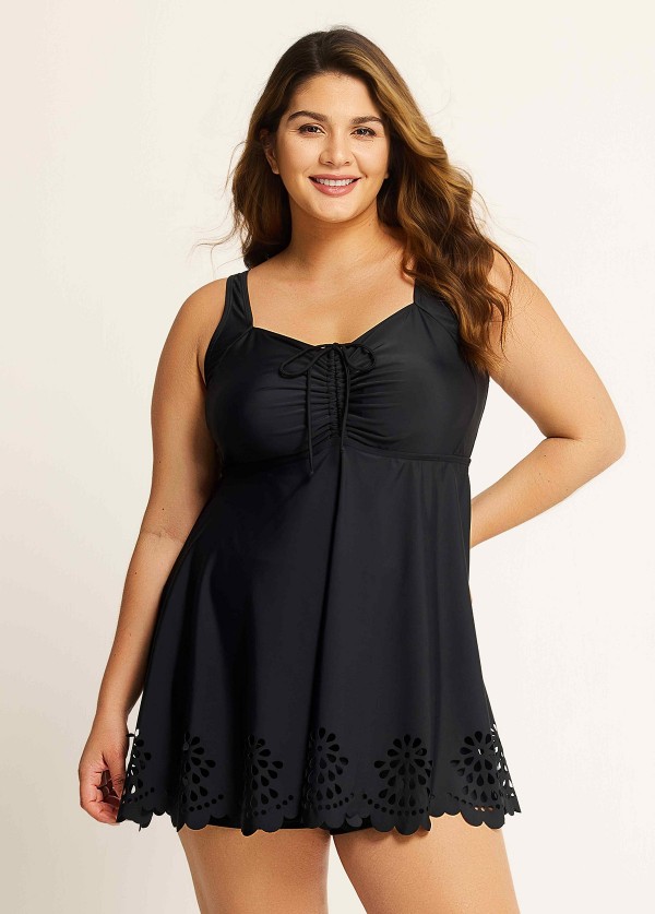 Plus Size Black Laser Cut Ruched Drawstring Swim Skirts For Women One Piece Swimdress