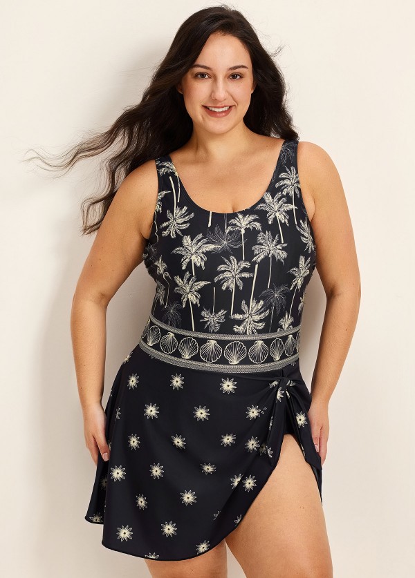 Plus Size Black Palm Tree Print Square Neck Vintage Side Knot Swimsuit One Piece Swimdress
