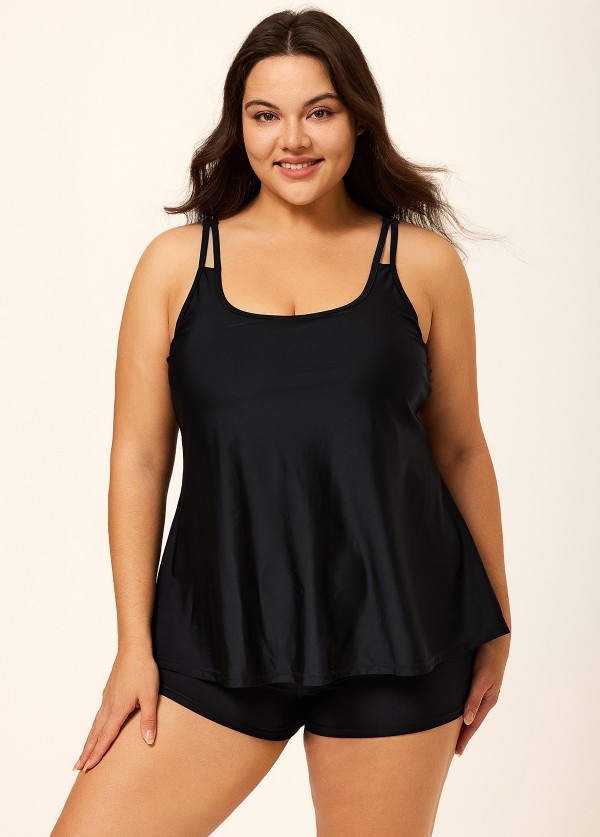 Solid Black Double Straps Adjustable Tankini Top