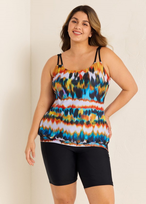 Stylish And Flattering Yellow Tie Dye Adjustable Double Straps Tankini Top