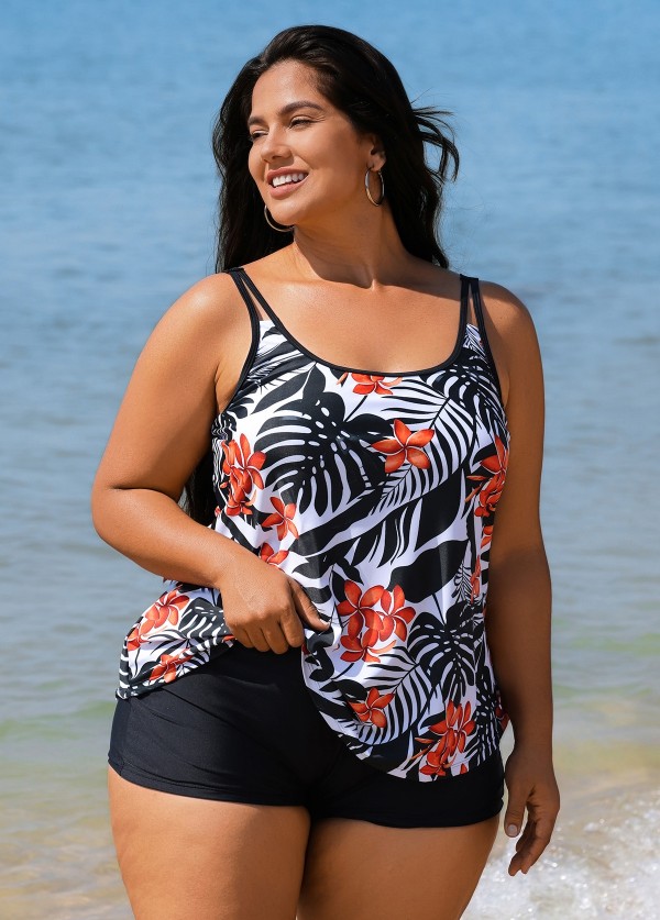 Plus Size Tropical Print Double Straps Tankini Top