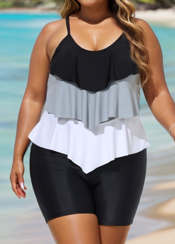 Three Color Layered Pullover Style Casual Tankini Top