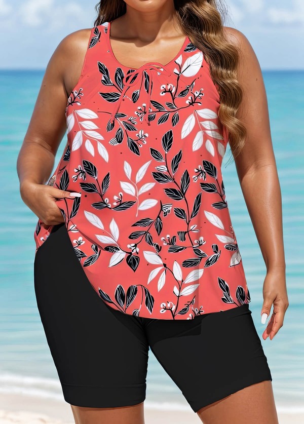 Red Tropical Leaf Print Loose Fit Plus Size Women Tankini Top