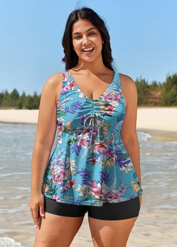 Curvy Blue Floral Drawstring Swimsuit And Swimwear Tankini Top