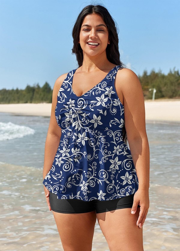 Plus Size Navy Floral Drawstring Swimsuit And Swimwear Tankini Top