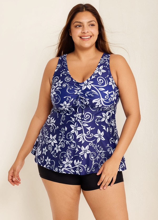 Plus Size Navy Floral Drawstring Swimsuit And Swimwear Tankini Top