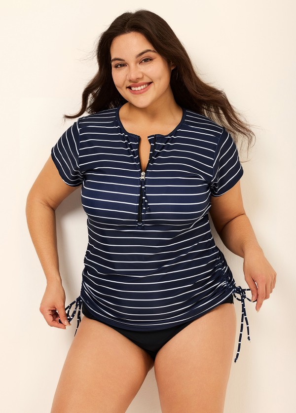 Plus Size Zip Front Striped Short Sleeves Rash Guard Tankini Top
