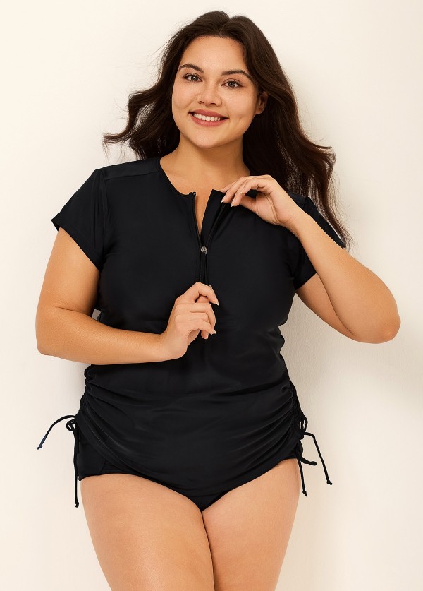 Black Plus Size Zip Front Short Sleeve Side Drawstring Tankini Top