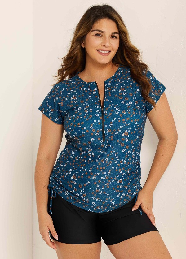 Plus Size Green Floral Short Sleeve Swimwear Bathing Suits Tankini Top