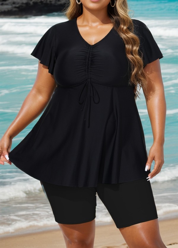 Black Tie Front Ruffled Flowy Short Sleeves Tankini Top