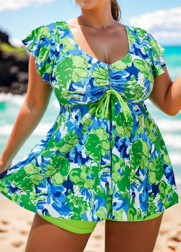 Floral Pattern Tie Front Ruffled Flowy Short Sleeves Tankini Set