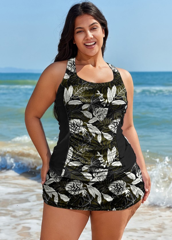 Plus Size Whiteleaf Leaf Print Sporty Ladies Bathing Suits Tankini Set
