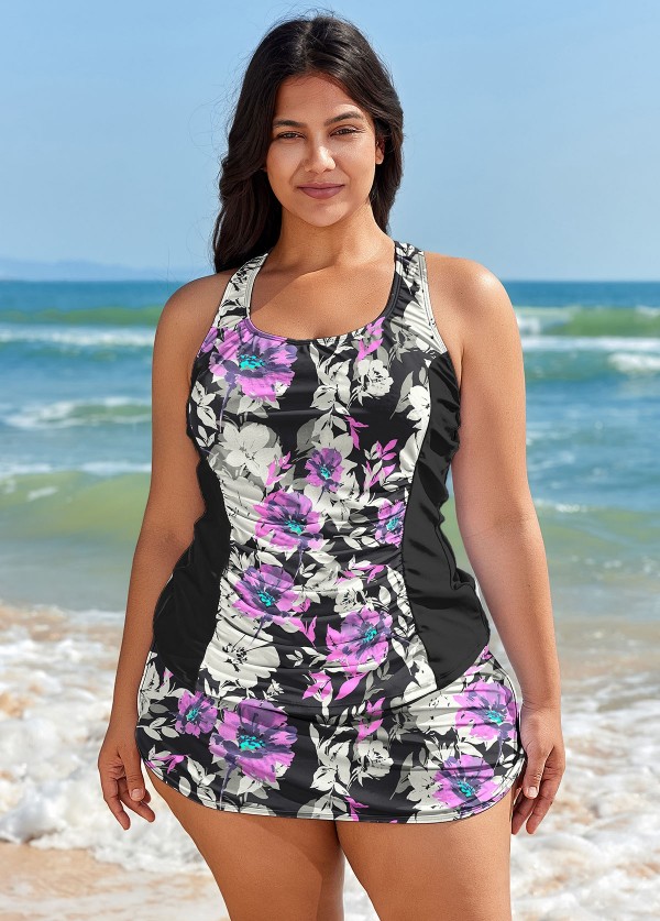 Curvy Purple Floral Sporty Swimsuit And Swimwear Tankini Set