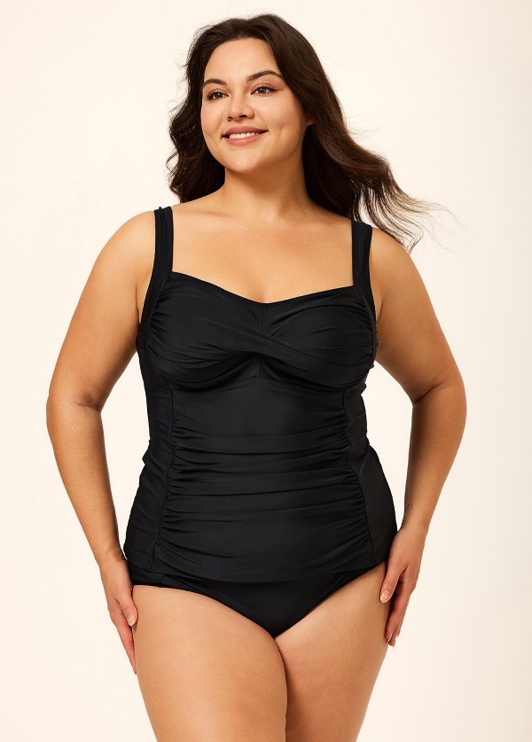 Stylish Black Twisted Front Ruched Tummy Control Tankini Top