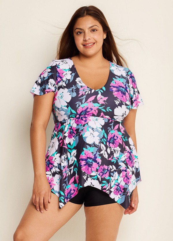 Plus Size Purple Floral Short Sleeve Swimwear Bathing Suits Tankini Top