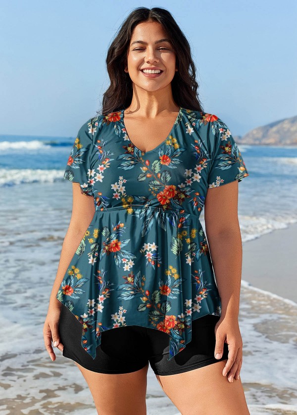 Curvy Green Floral Short Sleeve Swimsuit And Swimwear Tankini Top