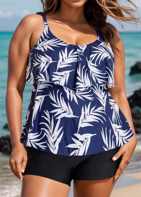Navy Blue Leaf Print Layered Style Tankini Top