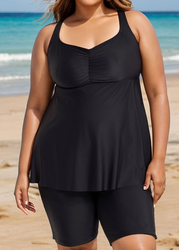 Fashionable Black Square Neck Flowy Plus Size Modest Women's Tankini Swimsuit Top