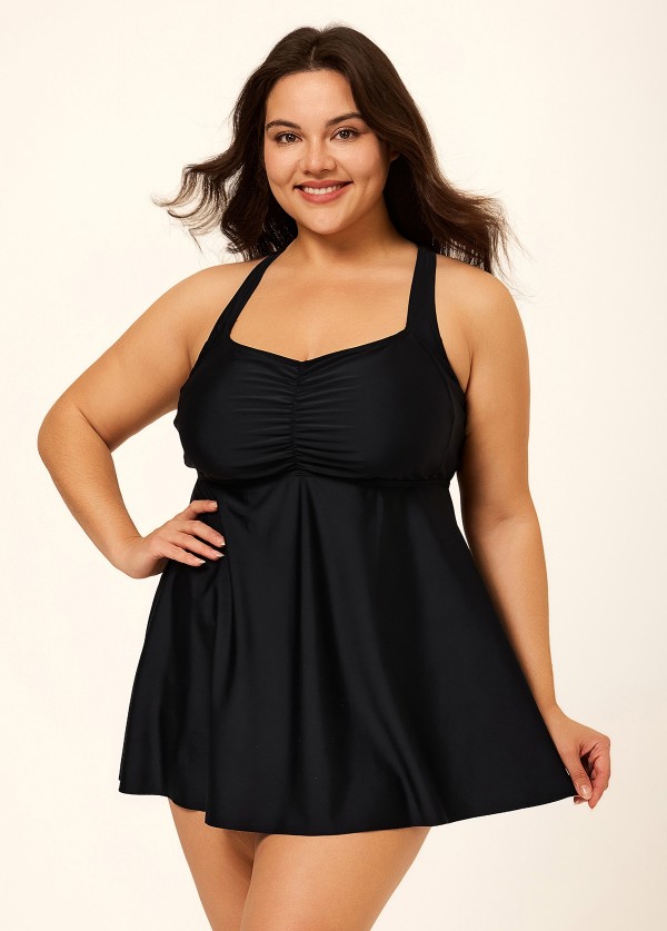 Fashionable Black Square Neck Flowy Plus Size Modest Women's Tankini Swimsuit Top