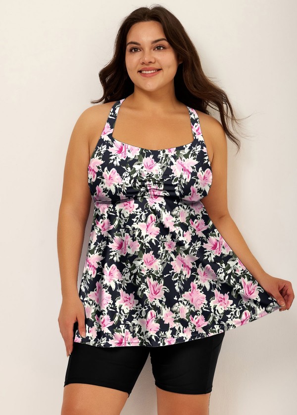 Black Floral Print Square Neck Flowy Modest Plus Size Tankini Swimsuit Top