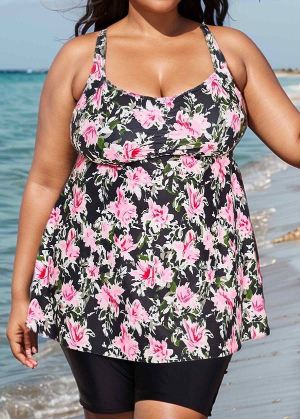Black Floral Print Square Neck Flowy Modest Plus Size Tankini Swimsuit Top