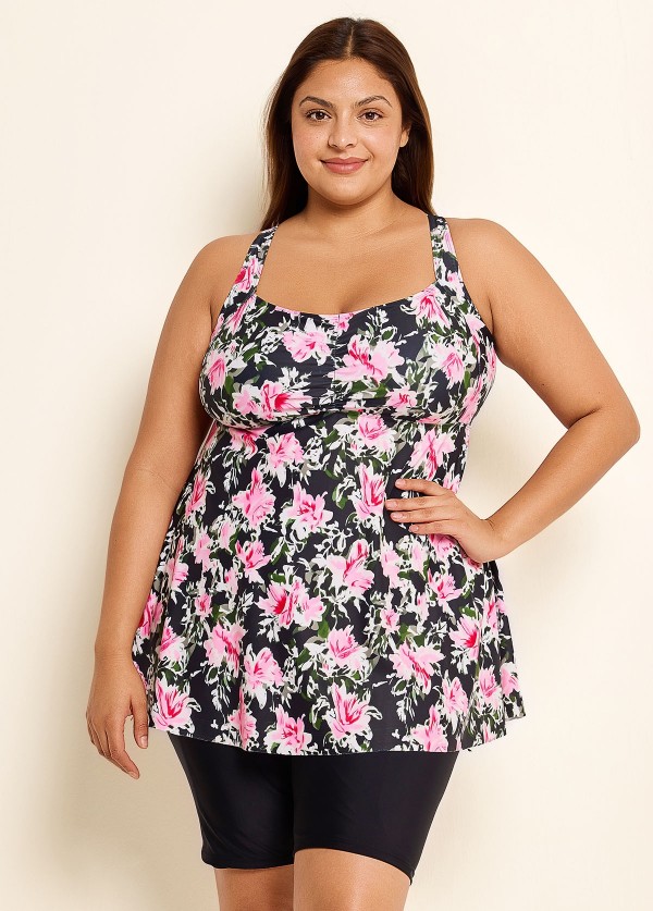 Black Floral Print Square Neck Flowy Modest Plus Size Tankini Swimsuit Top